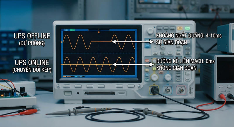 Biểu đồ mô phỏng thời gian chuyển mạch 0ms của UPS Online và độ trễ của UPS Offline