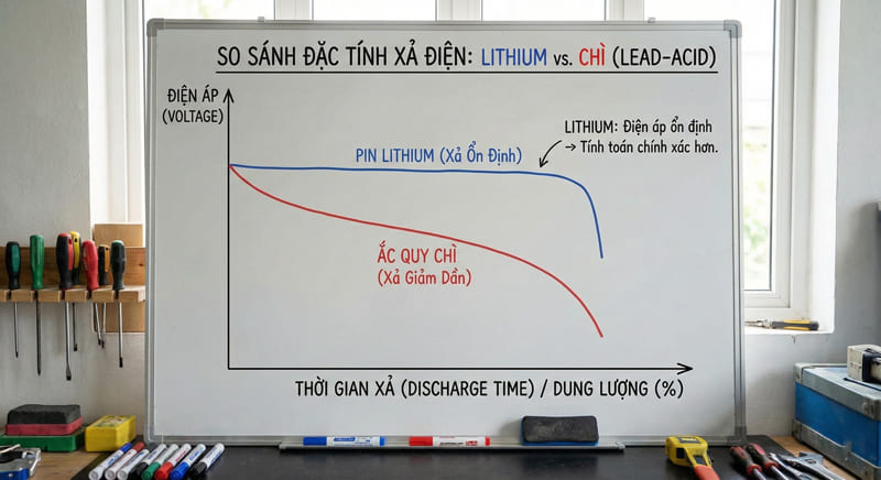 Biểu đồ so sánh hiệu suất xả điện giữa pin Lithium LiFePO4 và ắc quy chì axit truyền thống