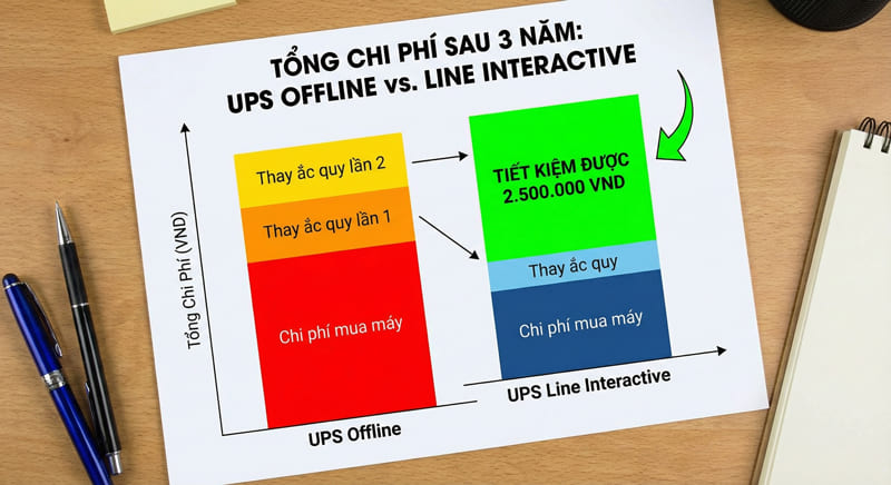 Biểu đồ so sánh tổng chi phí sở hữu TCO giữa UPS Offline và Line Interactive sau 3 năm sử dụng