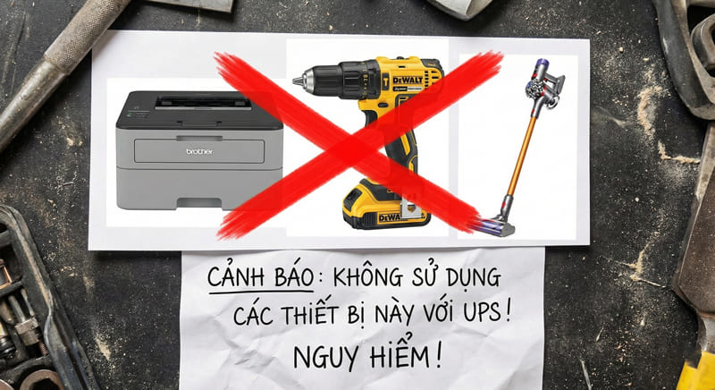 Các thiết bị có dòng khởi động lớn tuyệt đối không được sử dụng chung với bộ lưu điện UPS