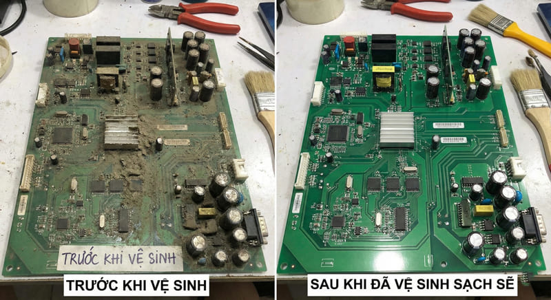Hình ảnh bo mạch bộ lưu điện UPS bị bám bụi bẩn công nghiệp gây lỗi quá nhiệt tại KCN VSIP