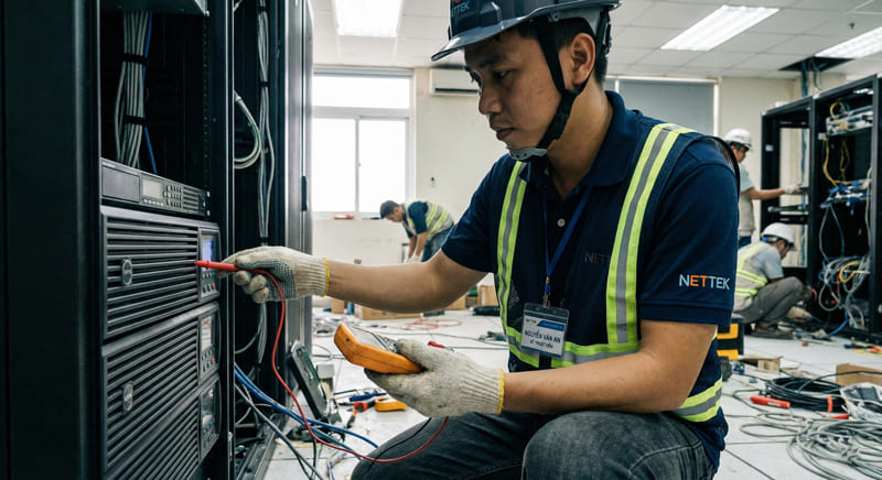 Kỹ thuật viên NETTEK thực hiện kiểm tra định kỳ và vệ sinh hệ thống bộ lưu điện UPS cho khách hàng doanh nghiệp