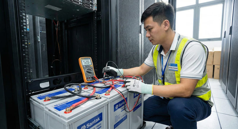 Kỹ thuật viên đo kiểm tra điện áp tổng chuỗi ắc quy sau khi thay bình UPS để đảm bảo an toàn