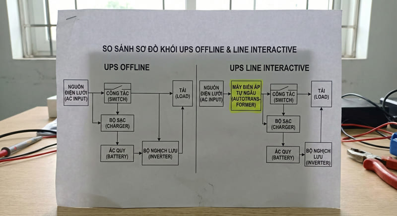 Sơ đồ khối so sánh cấu tạo bộ lưu điện UPS Offline chuẩn VFD và Line Interactive chuẩn VI