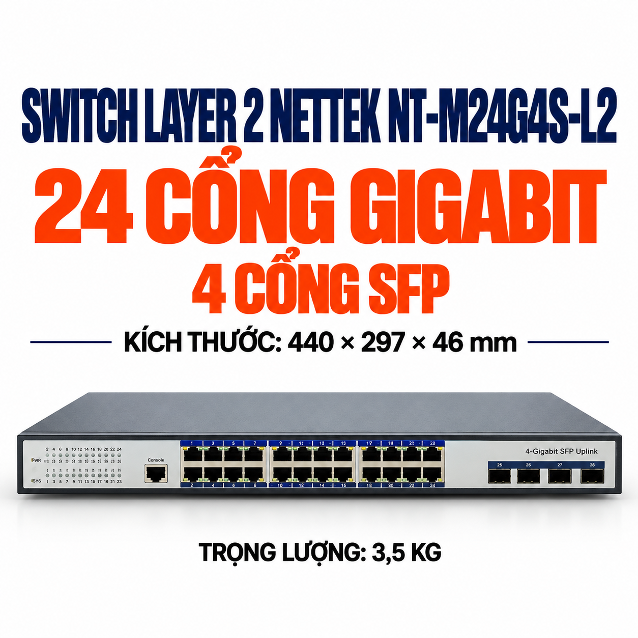 Switch PoE NETTEK NT-M24G4S-L2 24 Cổng Gigabit Layer 2