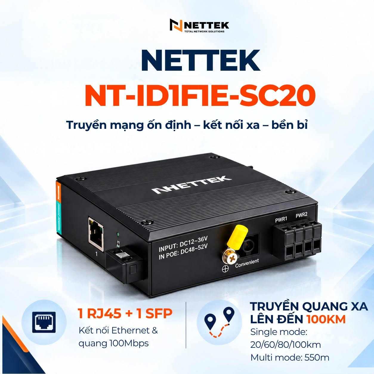 Bộ chuyển đổi quang điện công nghiệp NT-ID1F1E-SC20 NETTEK
